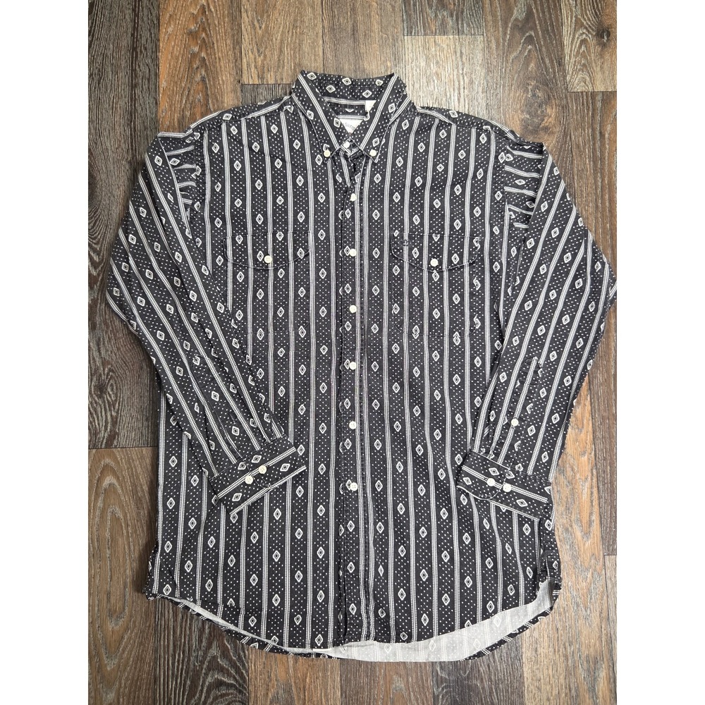 MWG Mid-West Garment Co Mens Black White Geometric Western Shirt Size 16.5 L